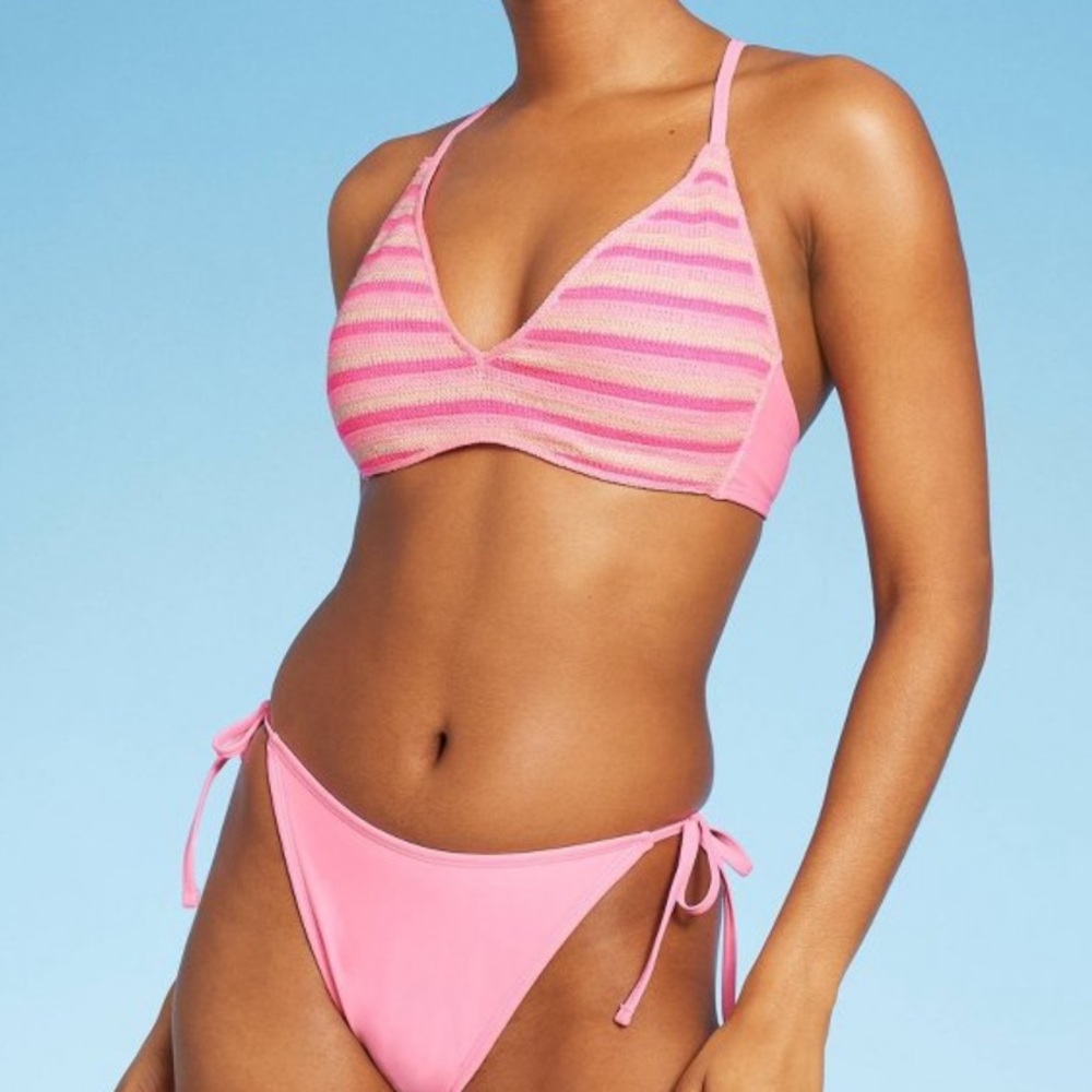 Wild Fable Pink Striped Crochet Bikini Set Side Tie High Leg Cheeky XS